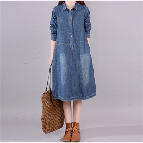 デニムワンピース ミドル丈 春 レディースワンピース 無地 大きいサイズ ゆったり 体型カバー デニムスカート 襟あり プルオーバー レディーススカート シンプル カジュアル ワンピース Aライン