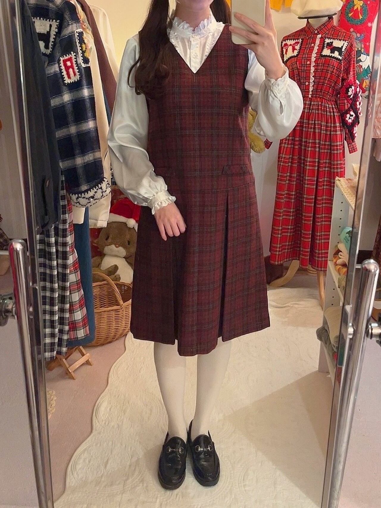 red check back button jumper skirt
