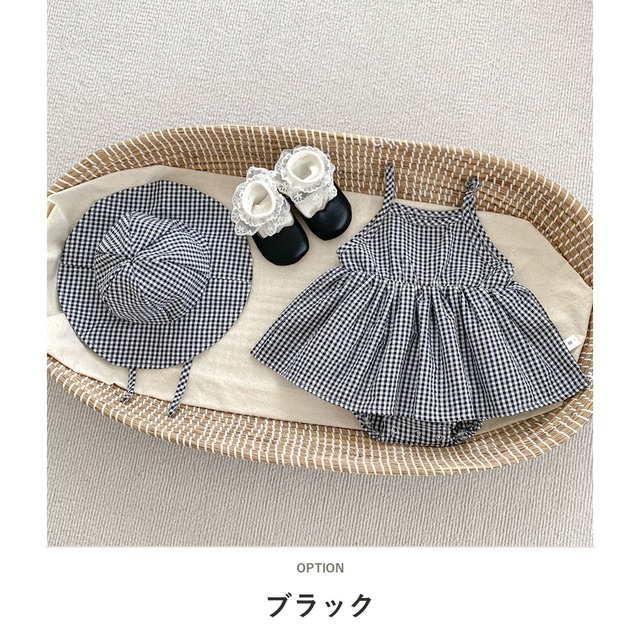 【セット】チェックキャミワンピ風ロンパース帽子セット - 3