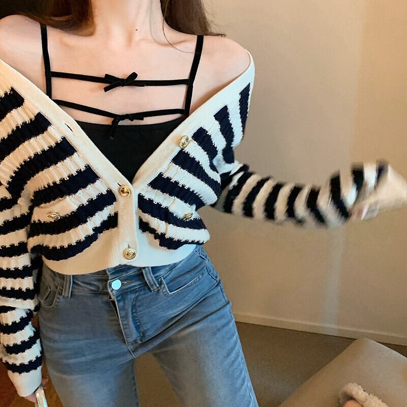 オータムスタイル薄手Vネックストライプニットカーディガンリボン ロング 秋物 ガールズファッション37360770600