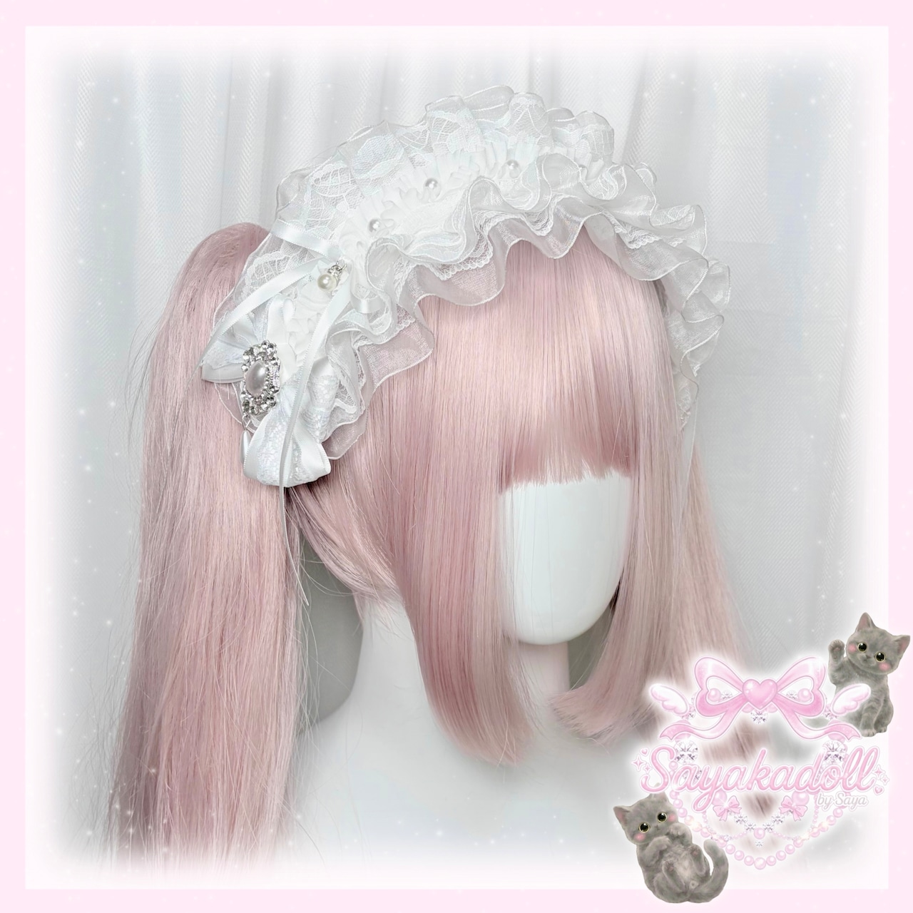 ♡【Sayakadoll Original No.13】【受注生産】ピュアエンジェル きらめきパール&ダブルリボン フリルレースヘッドドレス white ♡