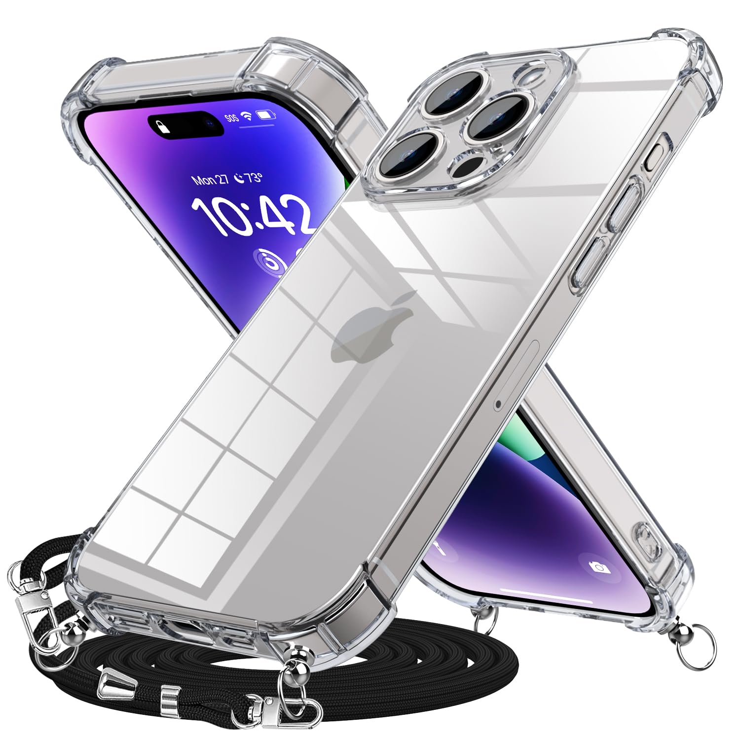 Duluqboba 対応 iPhone 15 Pro 用の ケース クリア ショルダー ストラップ グラデーション 紐付き 肩掛け 斜めかけ