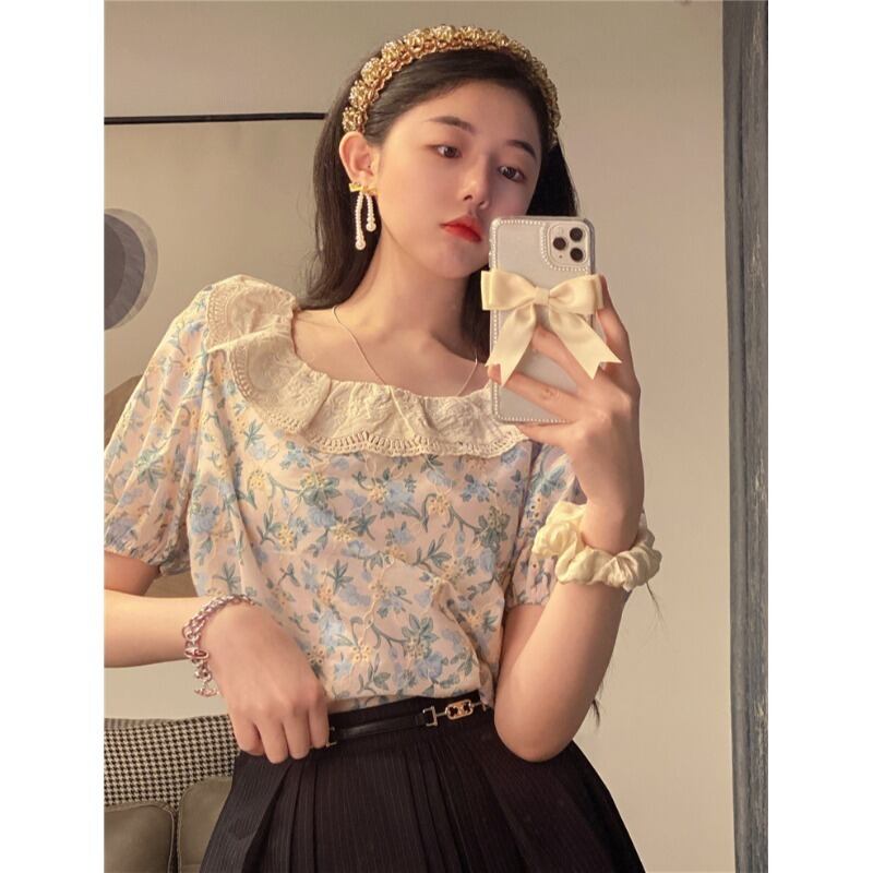 カラーシャツ サマースリーブショート半袖フローラルブラウス ハーフスリーブ 大人ガーリー スウィート キュート カジュアル 夏物 花柄 YY-ファッション37666606834