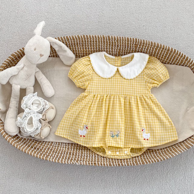 【BABY】アヒル刺繍チェック半袖襟付きロンパース - 17
