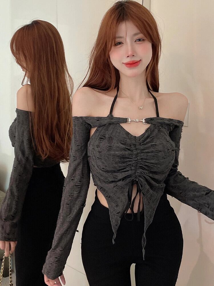 ネットセレブのホルターネック美しいバックサスペンダーベストツーピースセット女性が着るショート長袖ブラウスグレートップトレンディ ロング ガールズファッション34395623096