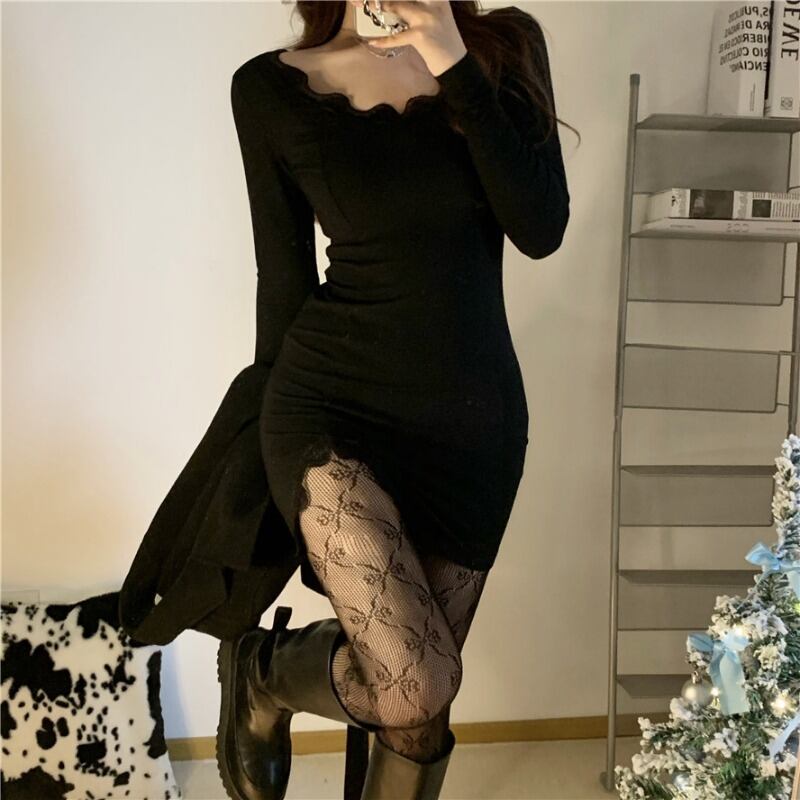 ドレス ウェストスリムブラックスリットレース長袖スリーブショートスカート スプリングオータムスタイル ロング 春物 秋物 ブラックストロベリース2667308153