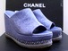 レア◆CHANEL シャネル CCマーク デニム素材 ウェッジソール サンダル ミュール 青38◆ 涼しげなインディゴブルーが春夏コーデにピッタリ♪