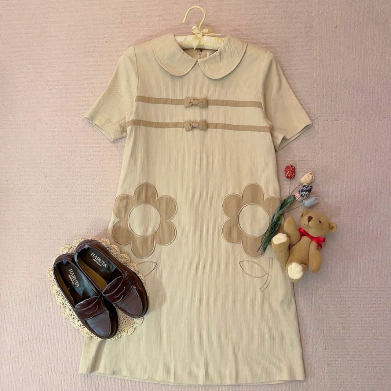 ribbon beige corduroy one-piece