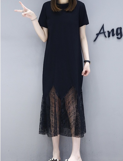 大きいサイズ レディース 　透かしレース裾ロングワンピース　春夏　五分袖　半袖