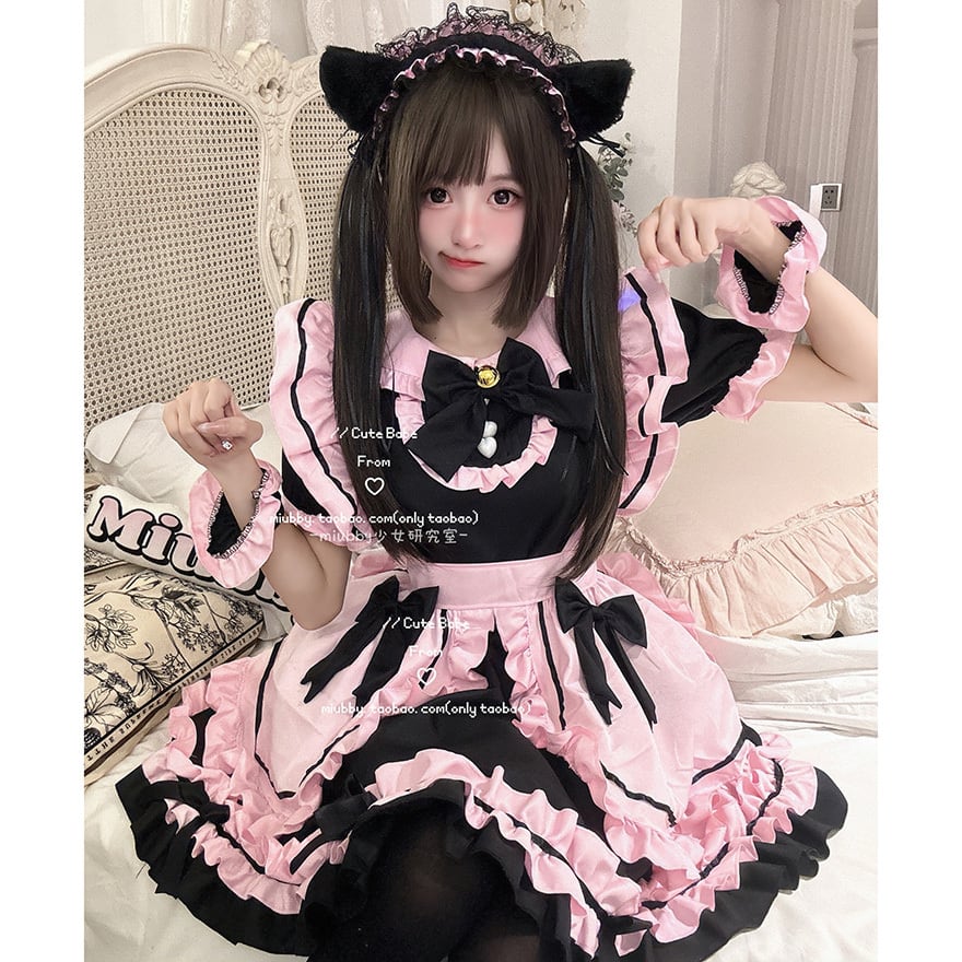 MDDサイズ　服　黒とピンクの地雷ワンピース 地雷系 メイドワンピース 大きなリボン フリル 黒×ピンク ライブ参戦