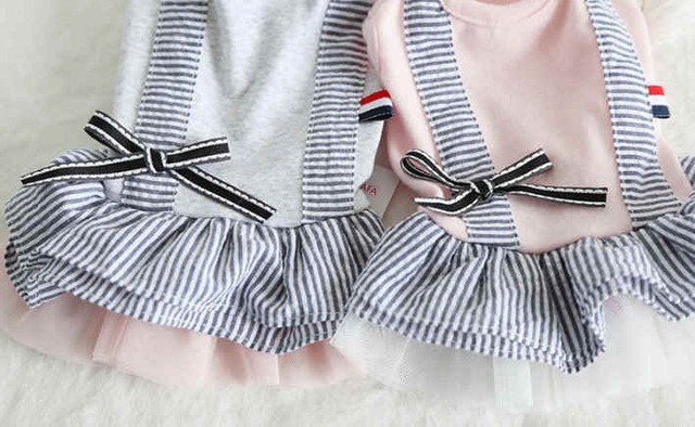 ドッグウェア　フレンチタグ付リボンボーダーワンピース　グレー　犬服