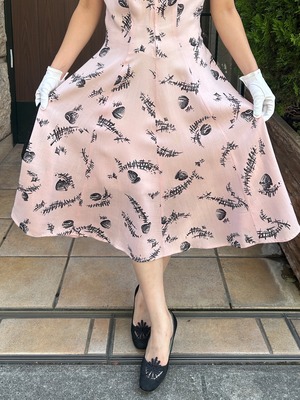 50's black×pink novelty print dress
