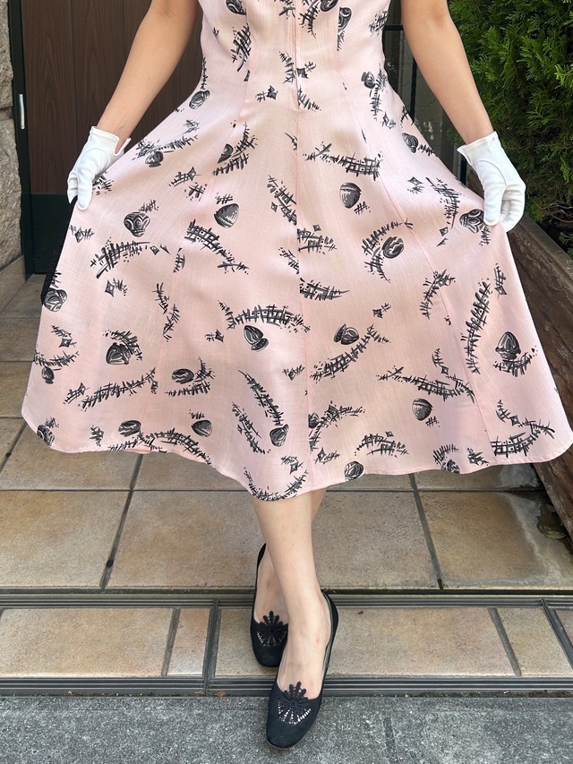 50's black×pink novelty print dress