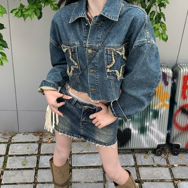 デニム セットアップ レディース 韓国 ウェスタン 星 刺繍 ミニ デニム セットアップ レディース 韓国 ウェスタン 星 刺繍 ミニ