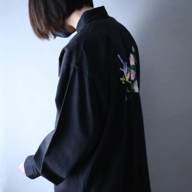 "刺繍" 鳥×花 front and back design black mode shirt