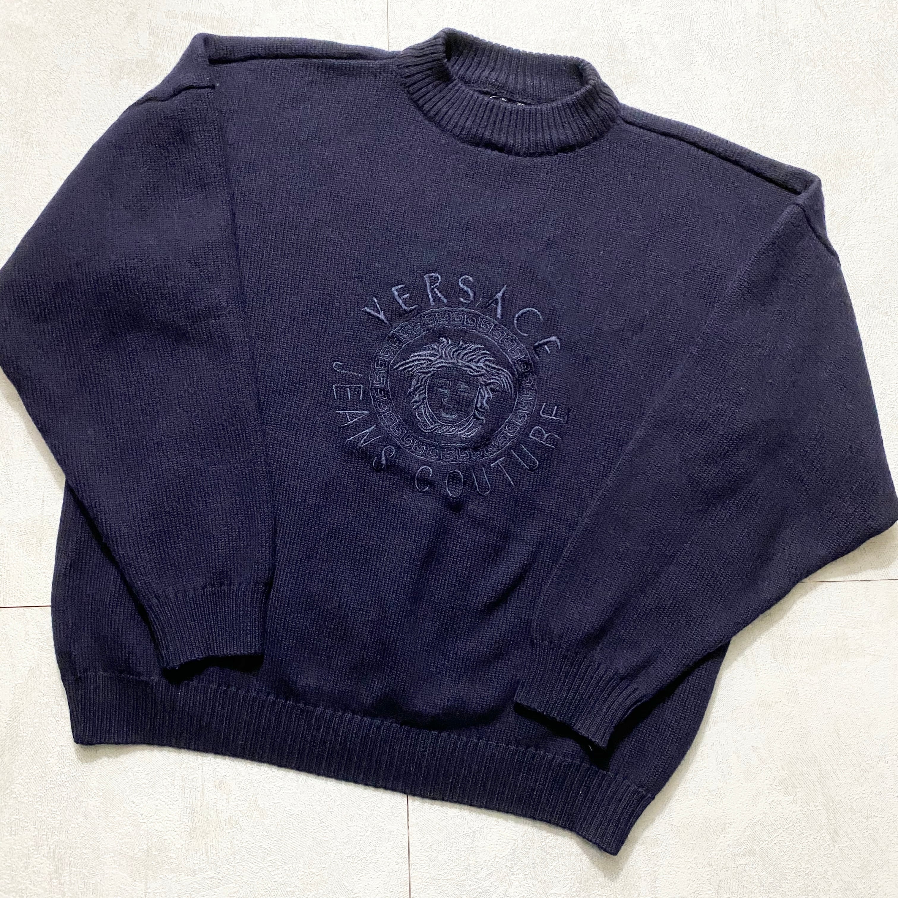 vintage VERSACE JEANS COUTURE medusa embroidery navy color sweater 