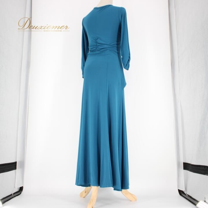 青い長袖ビジュー付きダンスドレス 社交ダンス衣装】ブルー ワンピース