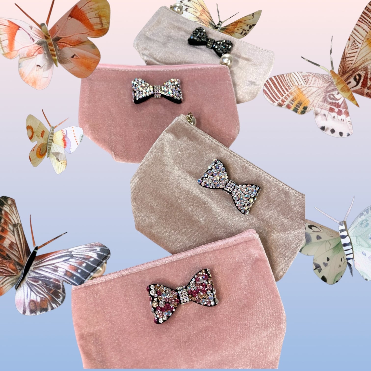 CLOSE SALE★ベロア舟形ポーチ/ビジューリボン【Black Label】(税込5280円) pc0023-