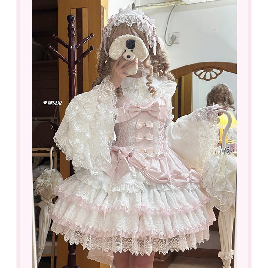 ロリータファッション 甘ロリ 青・赤・桃 リボン多段フリルJSK3点