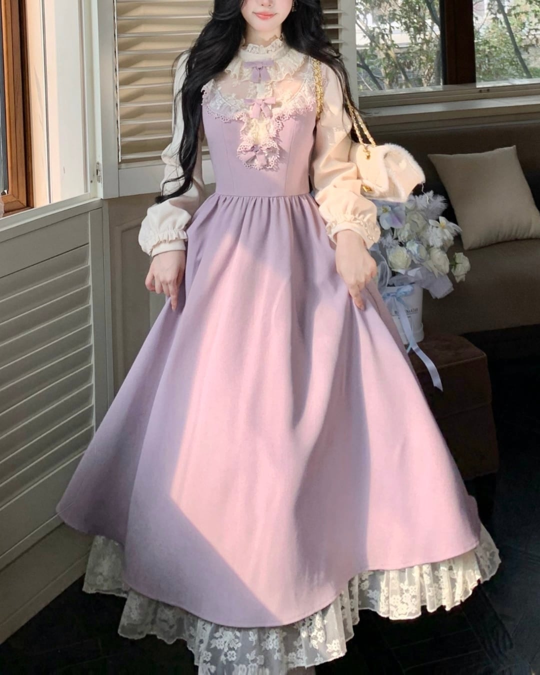 フレンチパープルフリルフレアワンピース 25W08369