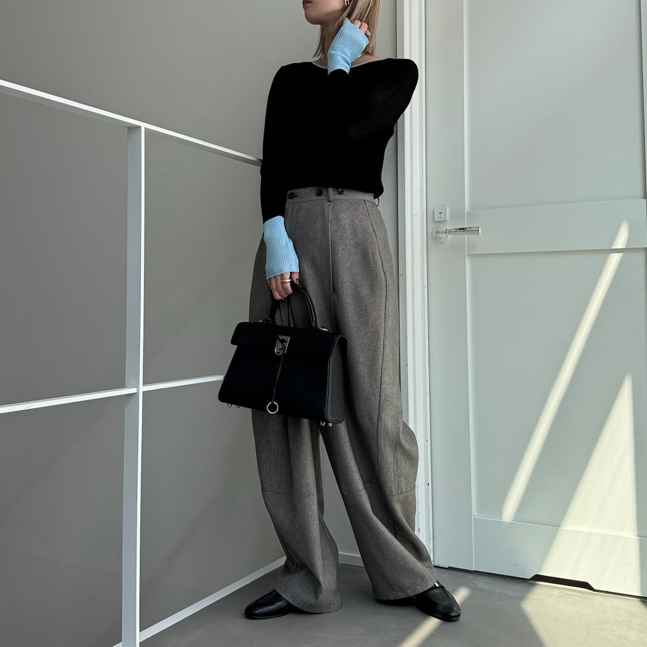 袖バイカラーシアーニットCS/ブラック