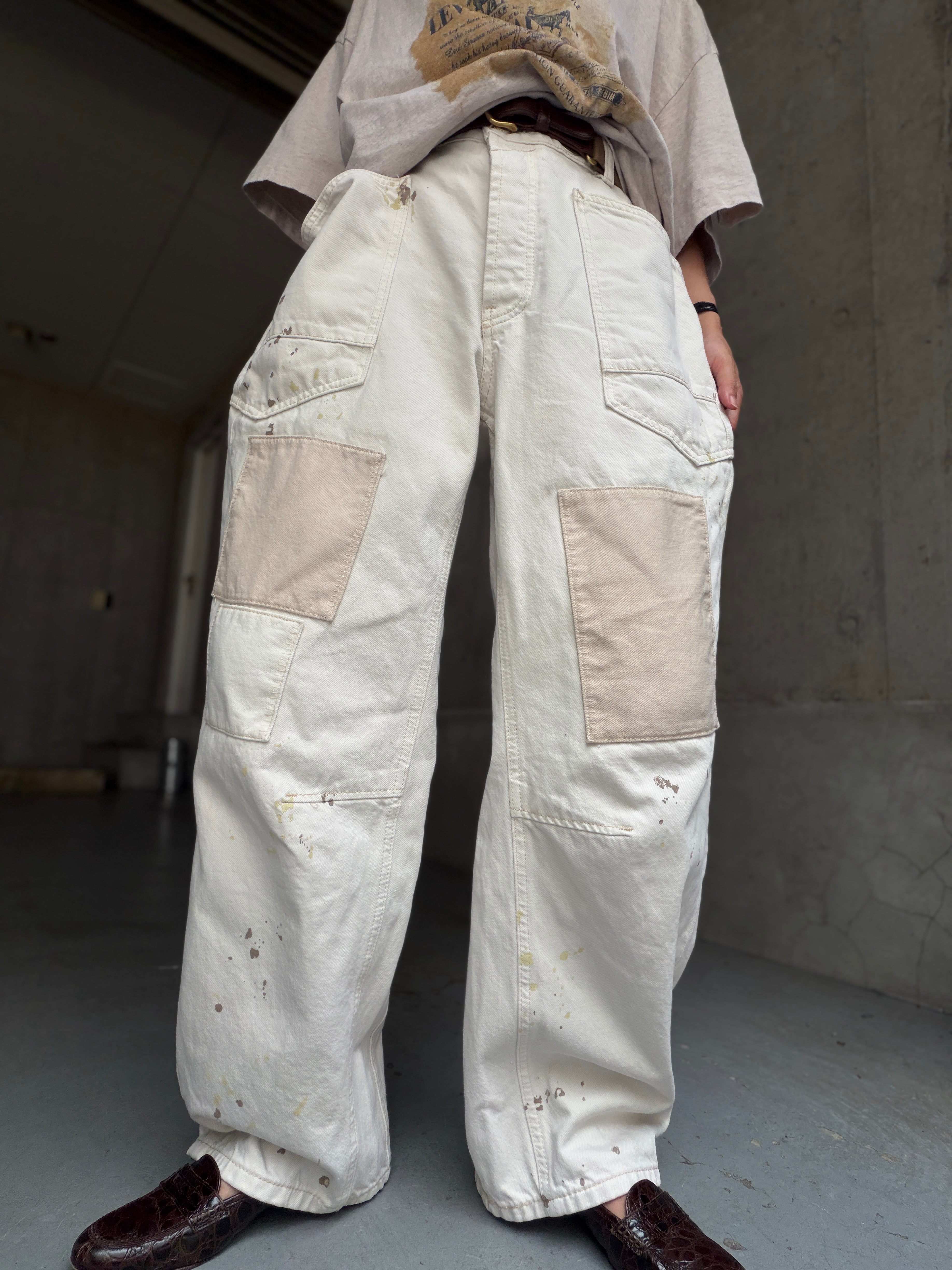 (PT1123)Patchwork paint work denim pants
