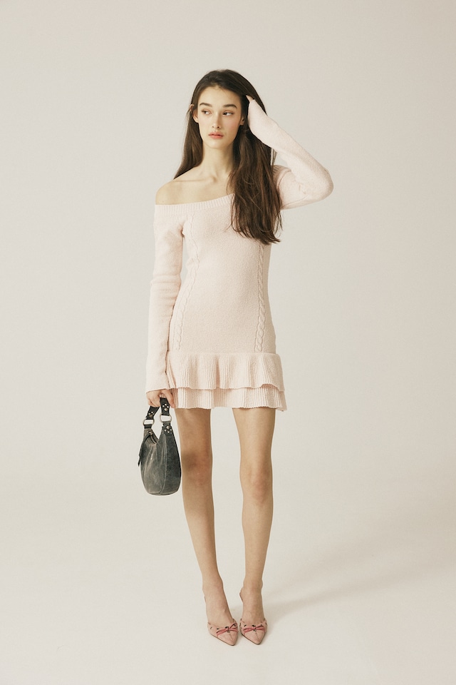 [threetimes] Cable off-shoulder dress Pink 正規品 韓国ブランド 韓国通販 韓国代行 韓国ファッション スリータイムズ 日本 店舗