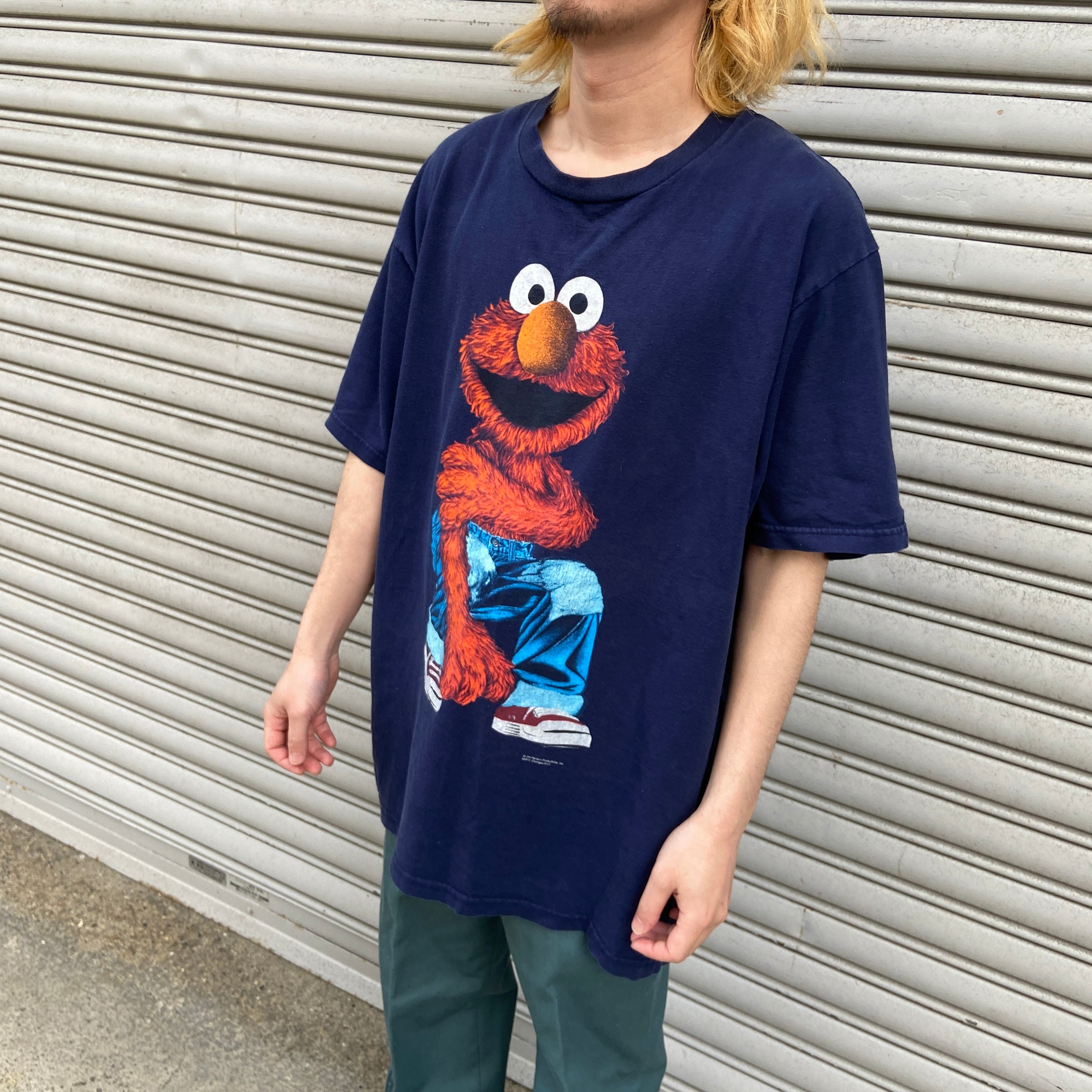 90s セサミストリート エルモTシャツ USA製 XL キャラT ネイビー 
