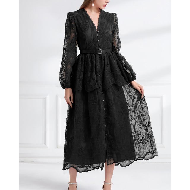 ノワールレースVネックワンピース L1976
