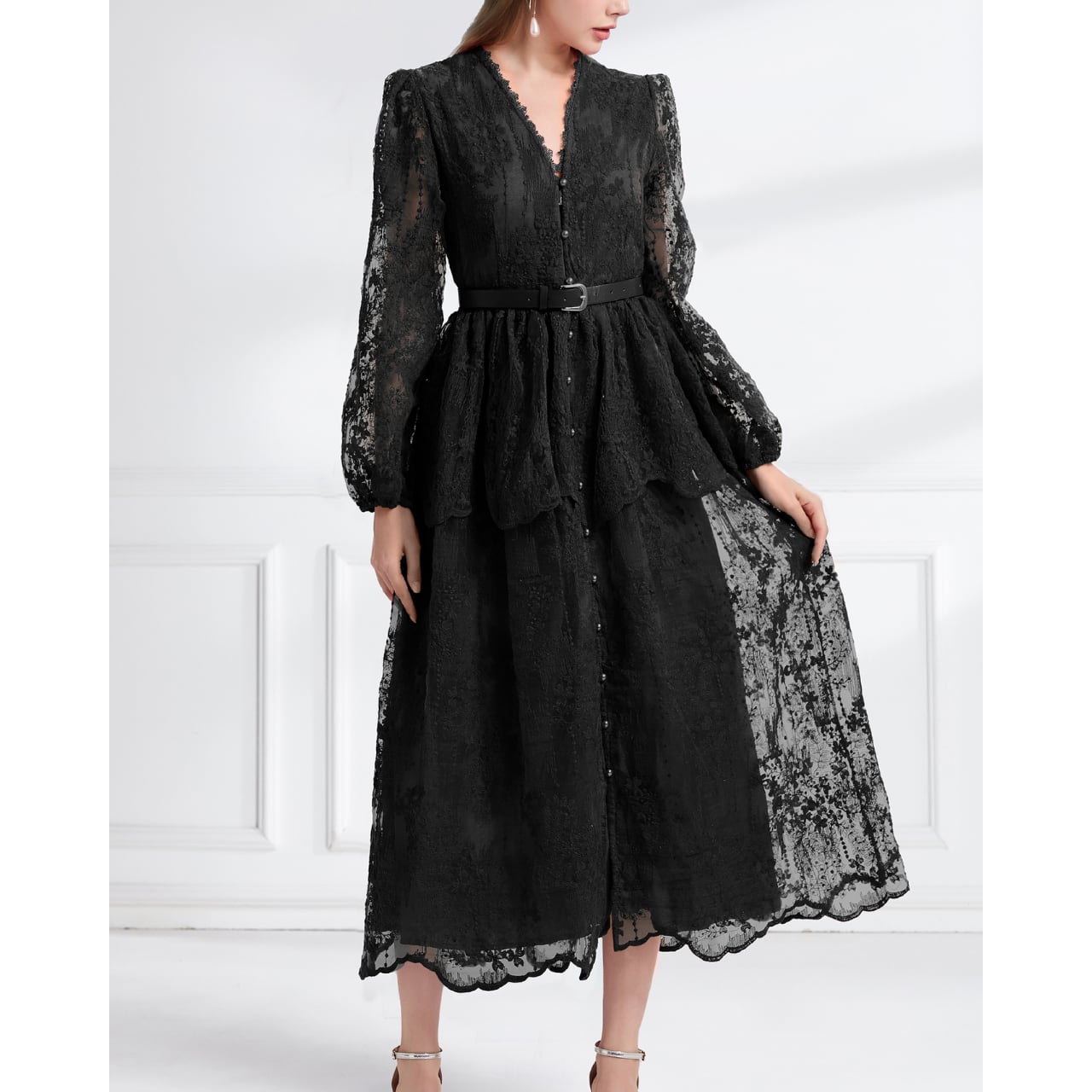 ノワールレースVネックワンピース L1976