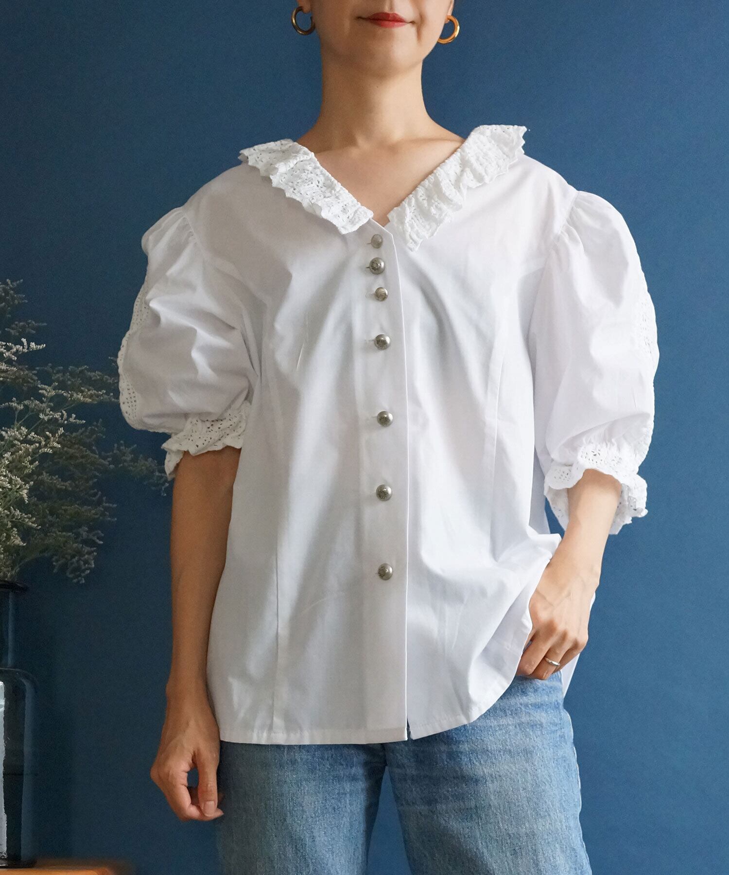 【送料無料】80's embroidery collar blouse