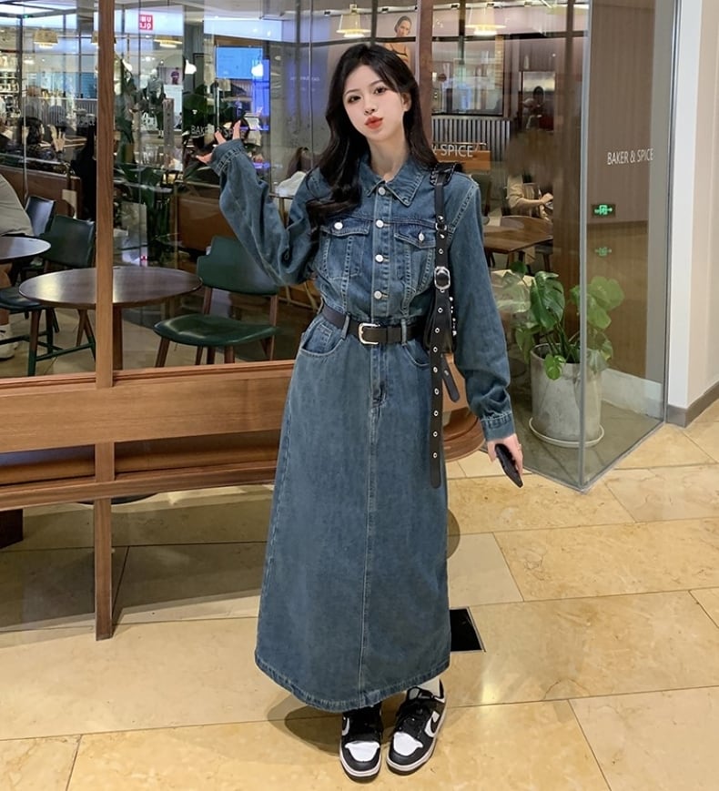 ワンピース デニムワンピース ロング丈 フロントボタン 襟あり ポロ襟