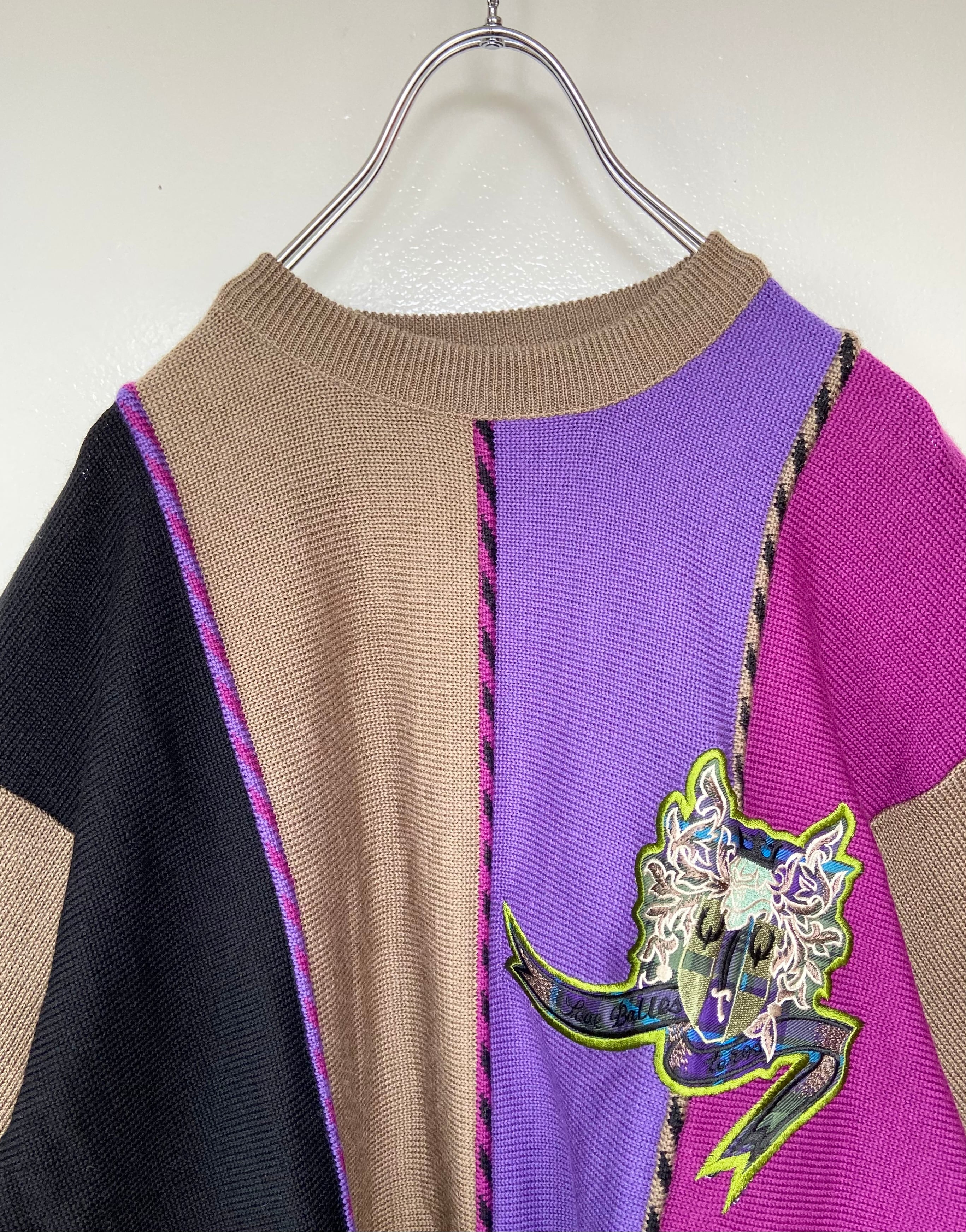 レトロ古着 キャメル ニット 切り替え マルチカラー  ワンポイント