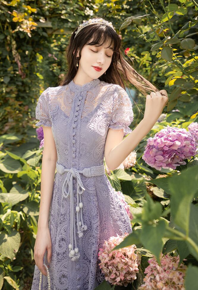 紫陽花 パープル ブルー くすみカラー インスタ映え ワンピース レディース Lace One Piece Elegant Feminine Antoinette
