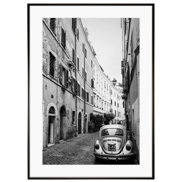 イタリア写真 ローマ トラステベレのフォルクスワーゲンビートル インテリアモノクロアートポスター額装 AS2094