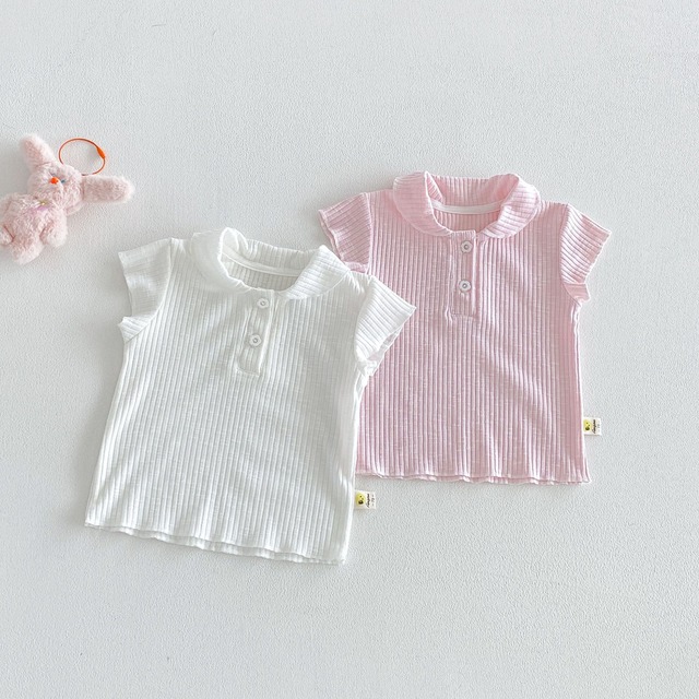【BABY】リブ編み丸襟ボタン半袖ポロカラーTシャツ - 4