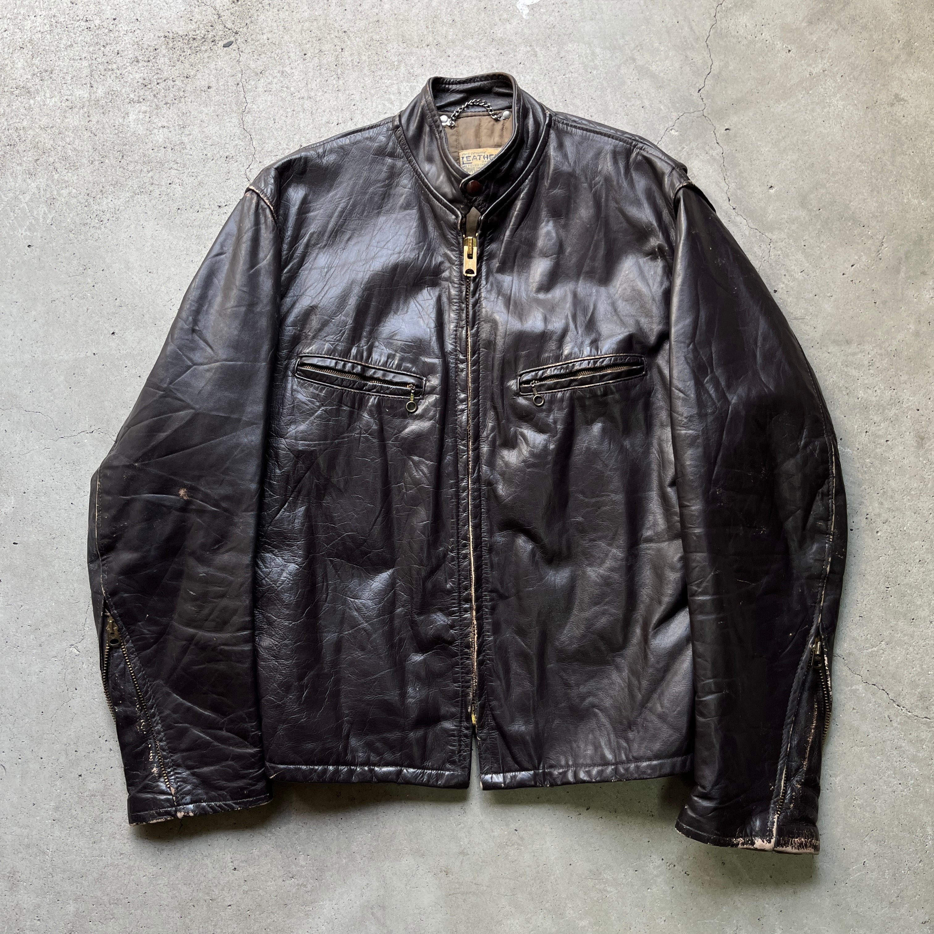 70年代 THIS GENUINE LEATHER GARMENT シングルライダースジャケット レザージャケット メンズM-L相当 古着  ダークブラウン 茶色 革ジャン 70s ヴィンテージ ビンテージ 【ブルゾン・ジャケット】【NEW23】 | cave 古着屋【公式】古着通販サイト 