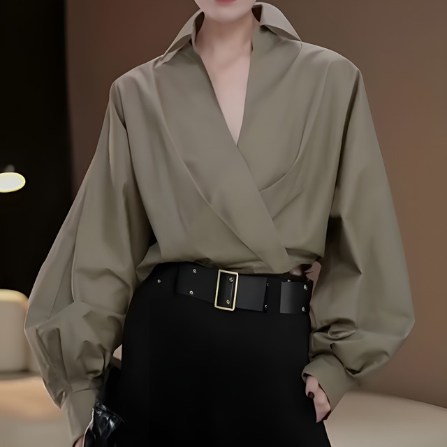 アーミーグリーンフレンチVネックデザインシルエットシャツ　BM1216