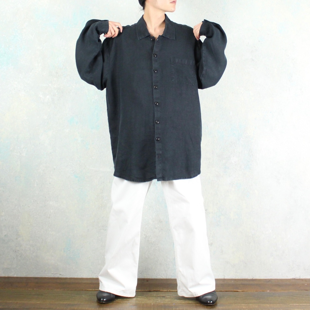 FLAX オーバーサイズ ブラック フラックス リネン デザイン シャツ 