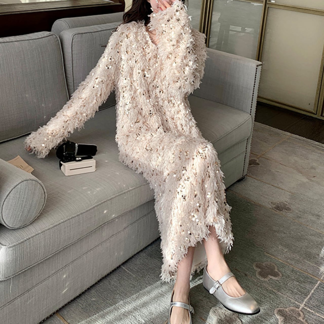 フェザーグリッター ロングドレス W115