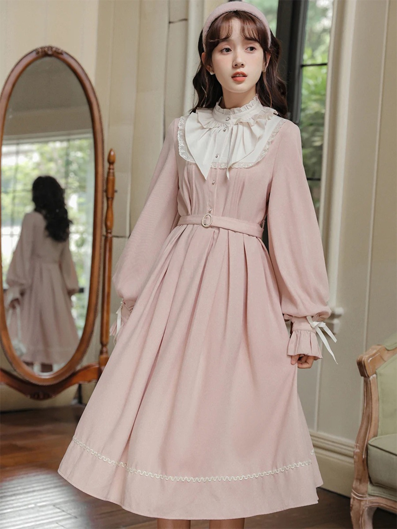 【0107】Pink Vintage High Neck Long Sleeve Dress
