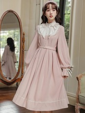 【0107】Pink Vintage High Neck Long Sleeve Dress
