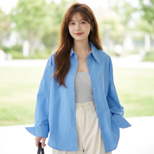 長袖 カラーシャツ ヒップ丈 ライトブルー S8002