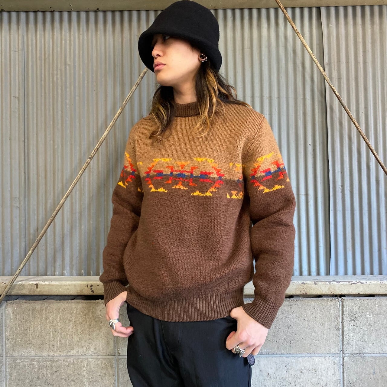70年代 ペンドルトン ネイティブ柄 ウールニットセーター メンズm 古着 70s ビンテージ ヴィンテージ Pendleton ブラウン ベージュ 茶色 ニットセーター Sa30 Al2110 Cave 古着屋 公式 古着通販サイト