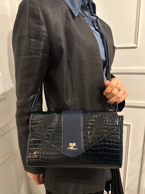 Courreges / vintage crocodile navy leather shoulder bag.