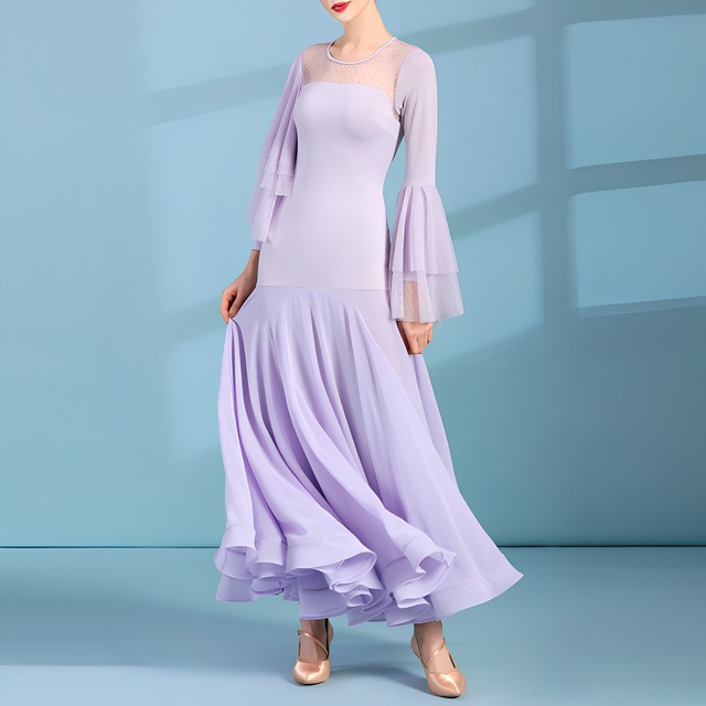 ドットメッシュ アシンメトリーベルスリーブ フレアドレス 3col　D00386