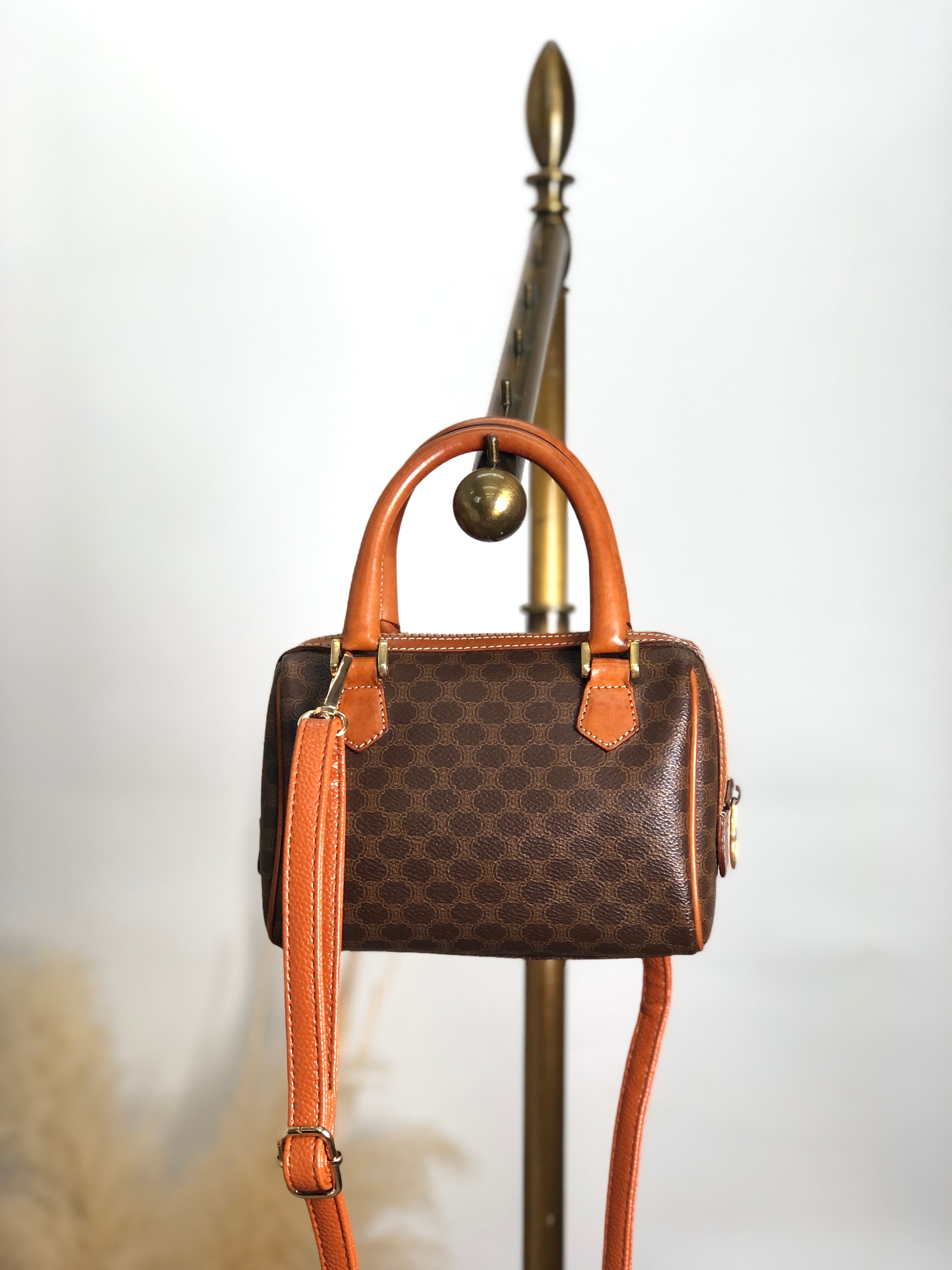 CELINE 　マカダム ハンドバッグ ミニボストン ブラウン マカダム ハンドバッグ ミニボストンバッグ PVC レザー ブラウン