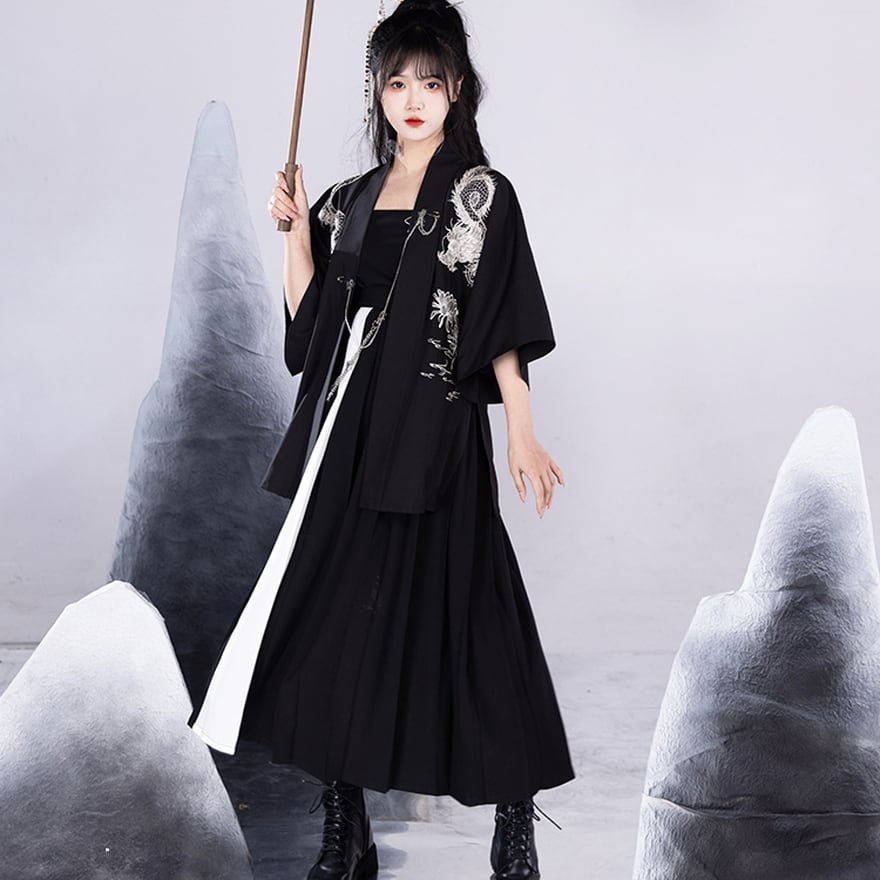 羽織り ワイドスリーブ ドラゴン 刺繍 チャイナ風 レトロ かっこいい