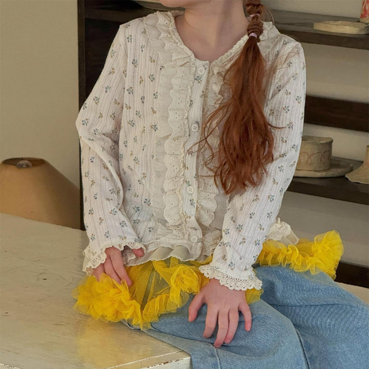 春花柄フリルデザインカーディガン