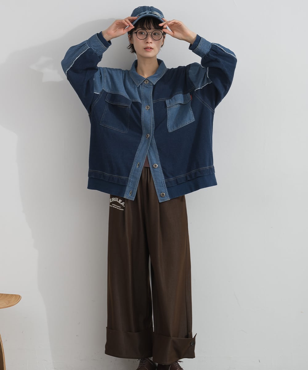J263053 硫化染め・インディゴ染め 綿裏毛×7ozデニム リメイク風